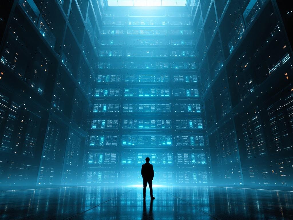 Empty corporate office floors contrasted with glowing AI server infrastructure