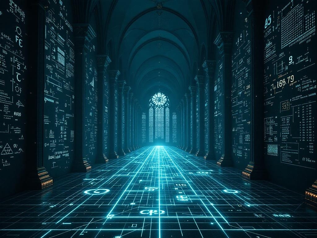 A moody conceptual scene of a cathedral-like archive of mathematics cut by a neon reasoning path linking number theory symbols, geometric grids, and an AI interface