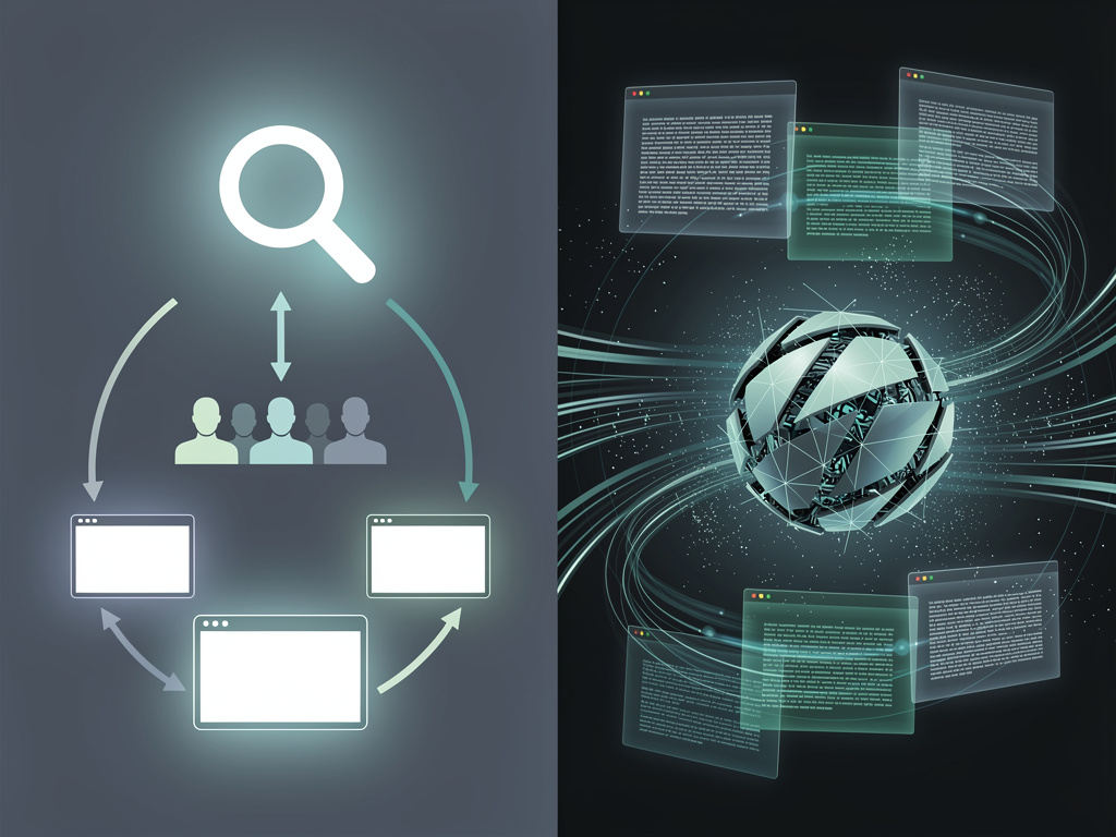 A split-screen digital illustration showing one side as a classic search referral loop and the other as an AI training pipeline absorbing articles without returning users