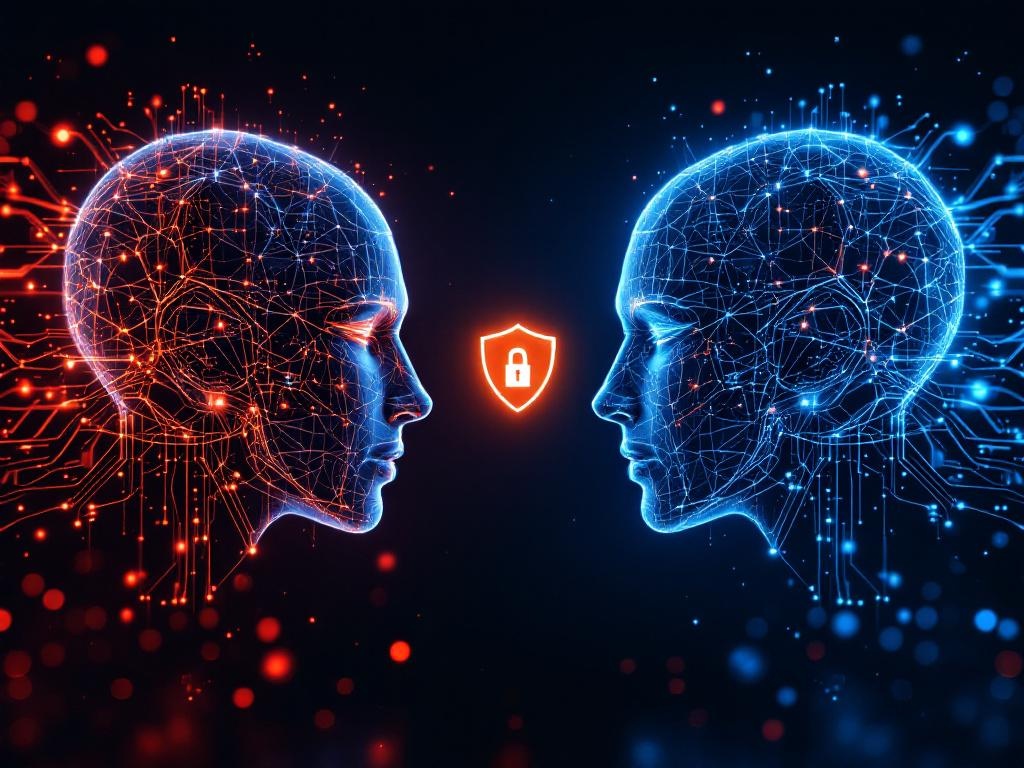Two massive AI neural networks facing each other like chess opponents — one cyan, one red-orange — cybersecurity theme digital art