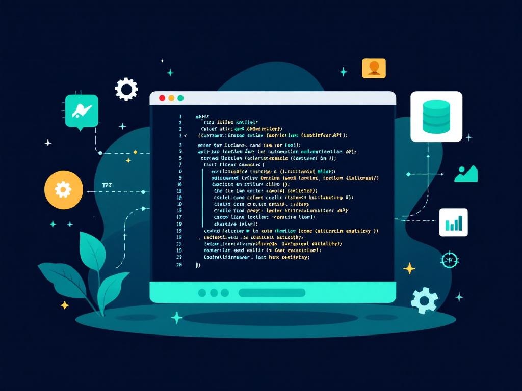 Terminal window with flowing code representing automation scripts
