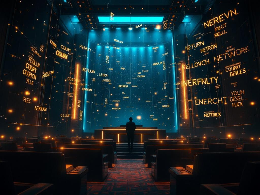 Courtroom scene with AI neural network patterns — Britannica vs OpenAI