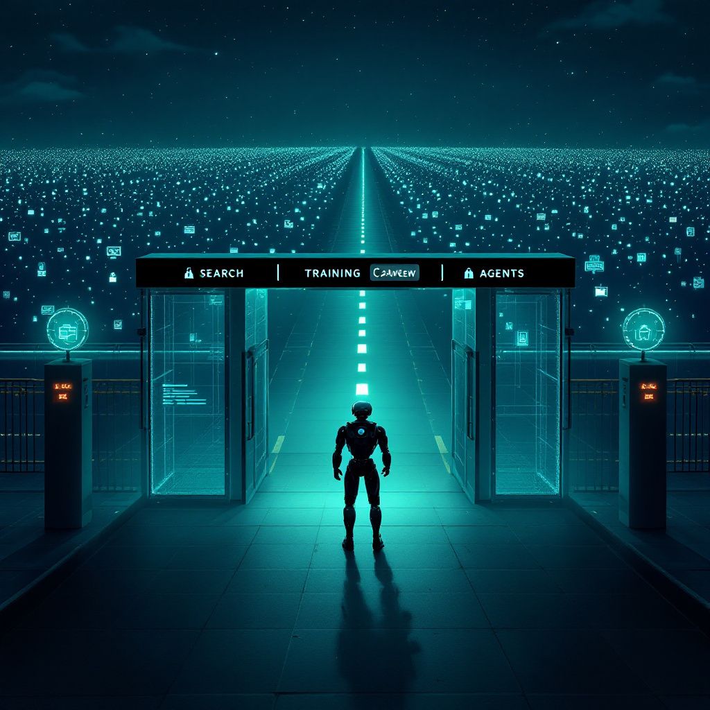 A dark futuristic checkpoint where an AI crawler approaches independent websites behind a toll gate