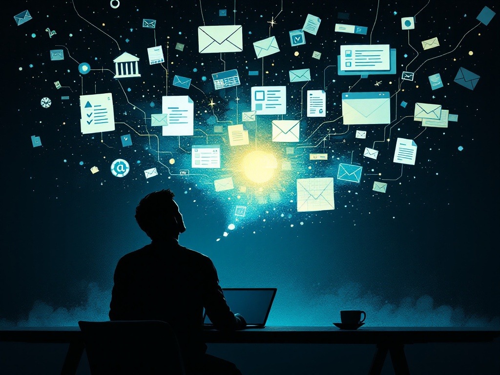 A moody digital culture scene of a person speaking while floating emails, notes, and calendar fragments reorganize into a single glowing conversational memory layer