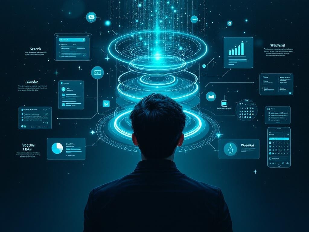 A moody visualization of an agentic internet stack where Google's AI layer sits between users and the open web, routing context between search, shopping, inbox, and wearable devices