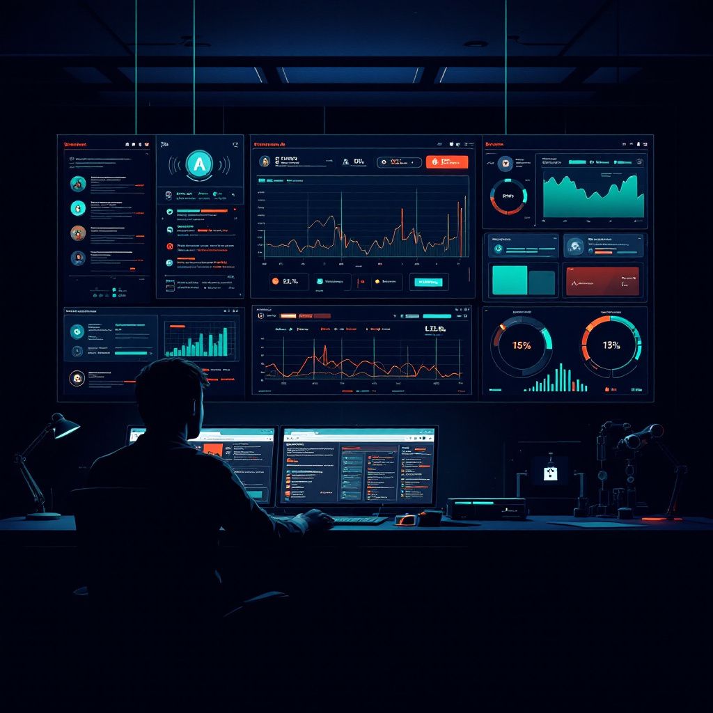 A dark AI control dashboard with a monitored agent task, approval prompts, glowing security overlays, and a human operator watching a high-risk workflow