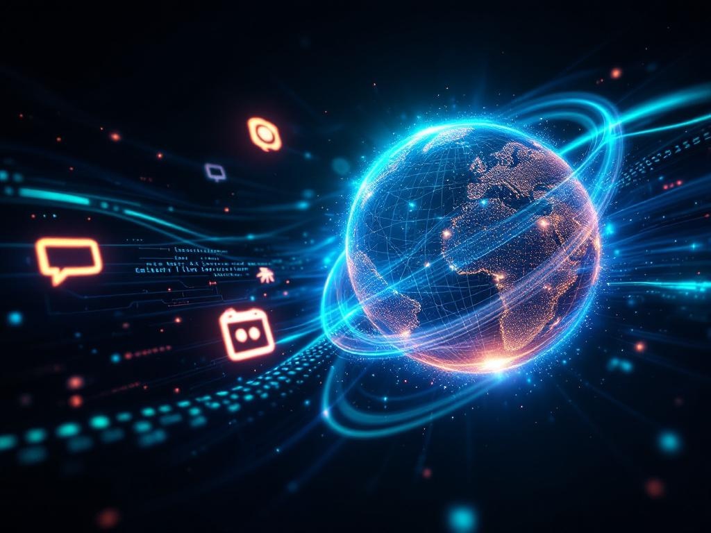 Multiple app interfaces merging into a single glowing orb — dark cinematic digital art