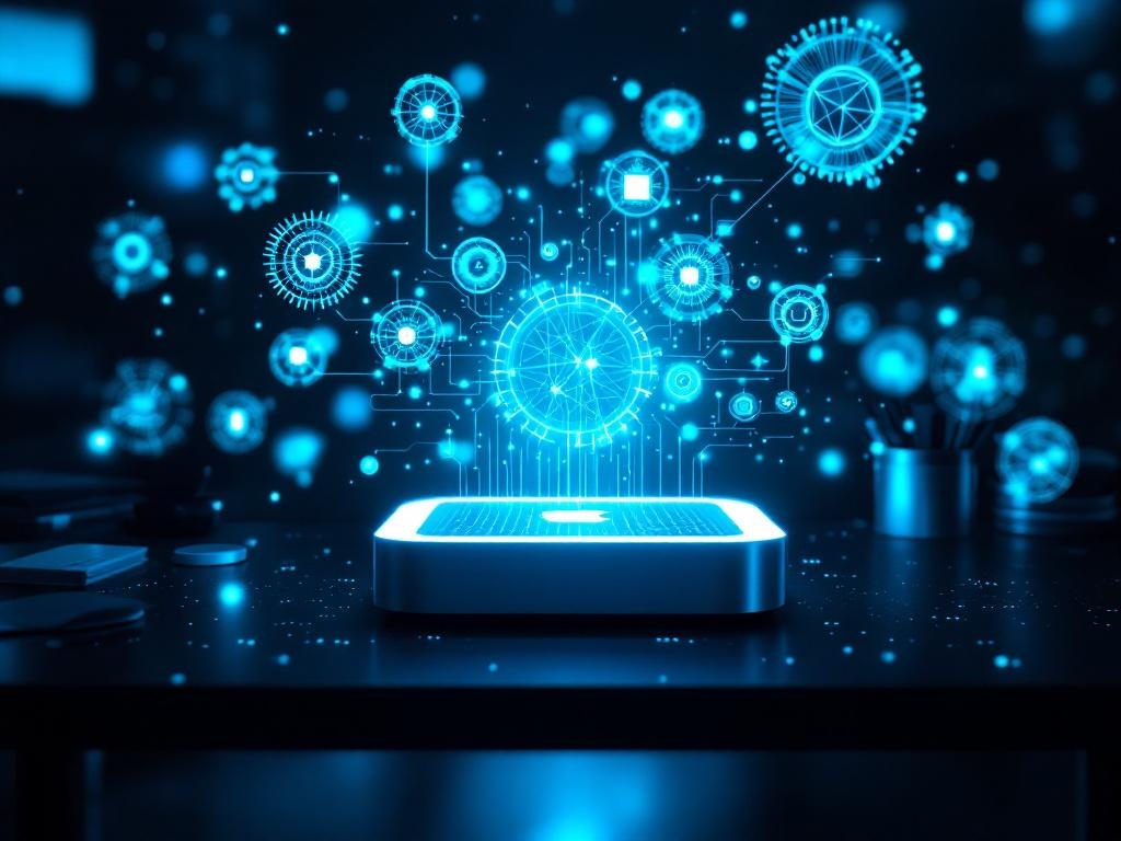 Glowing Mac Mini with holographic AI agent nodes, representing Perplexity's Personal Computer product