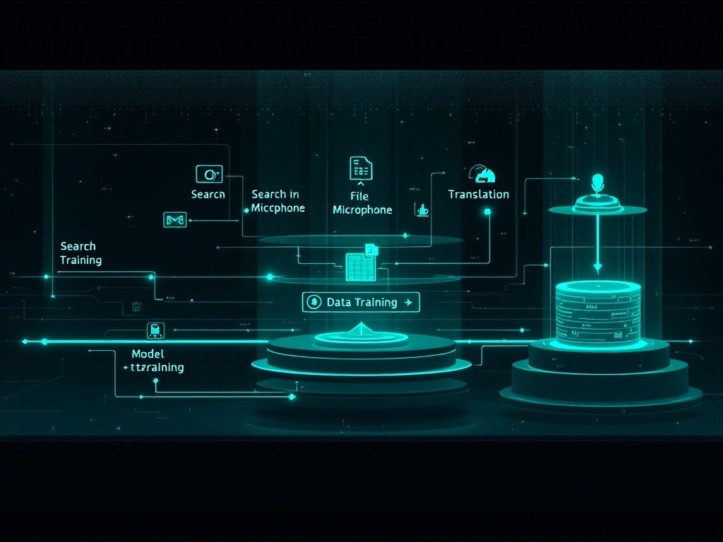 A dark layered diagram of camera searches, voice interactions, and files flowing into storage and model training systems