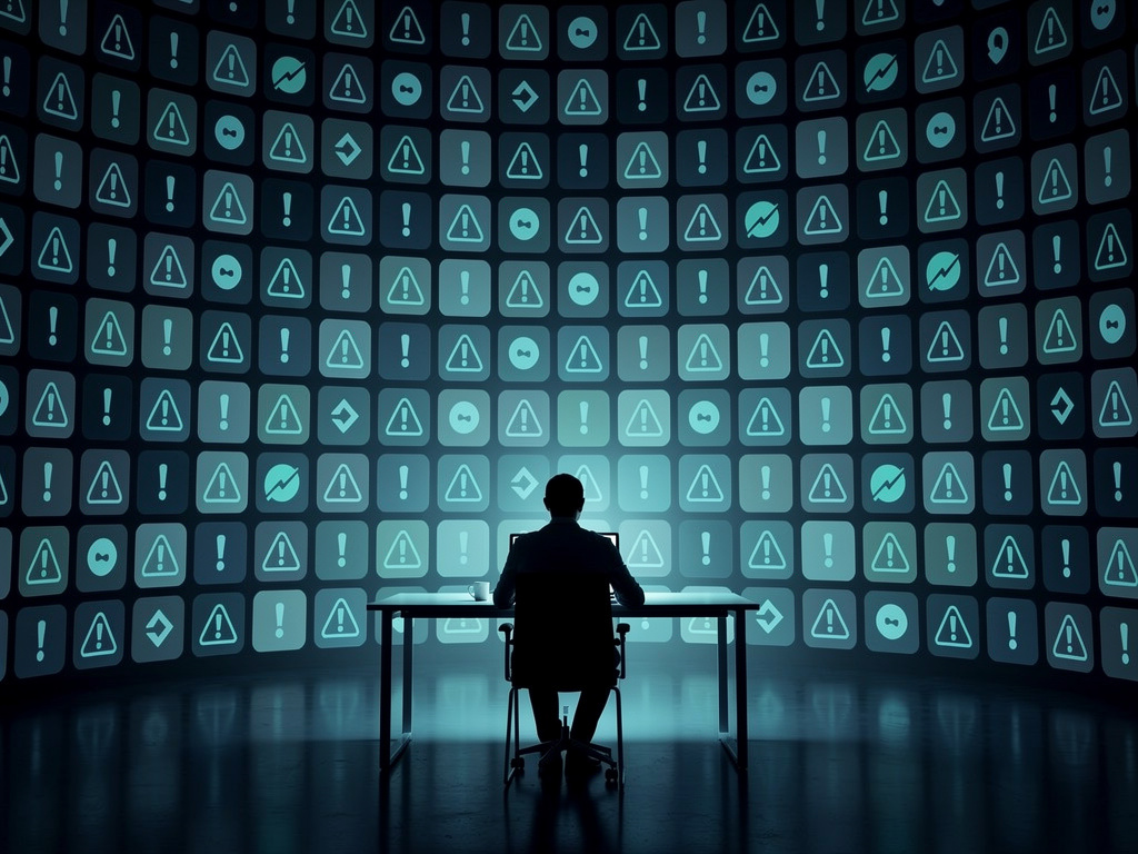 A lone reviewer facing an endless wall of nearly identical mobile app cards and warning icons in a dark teal-lit control room